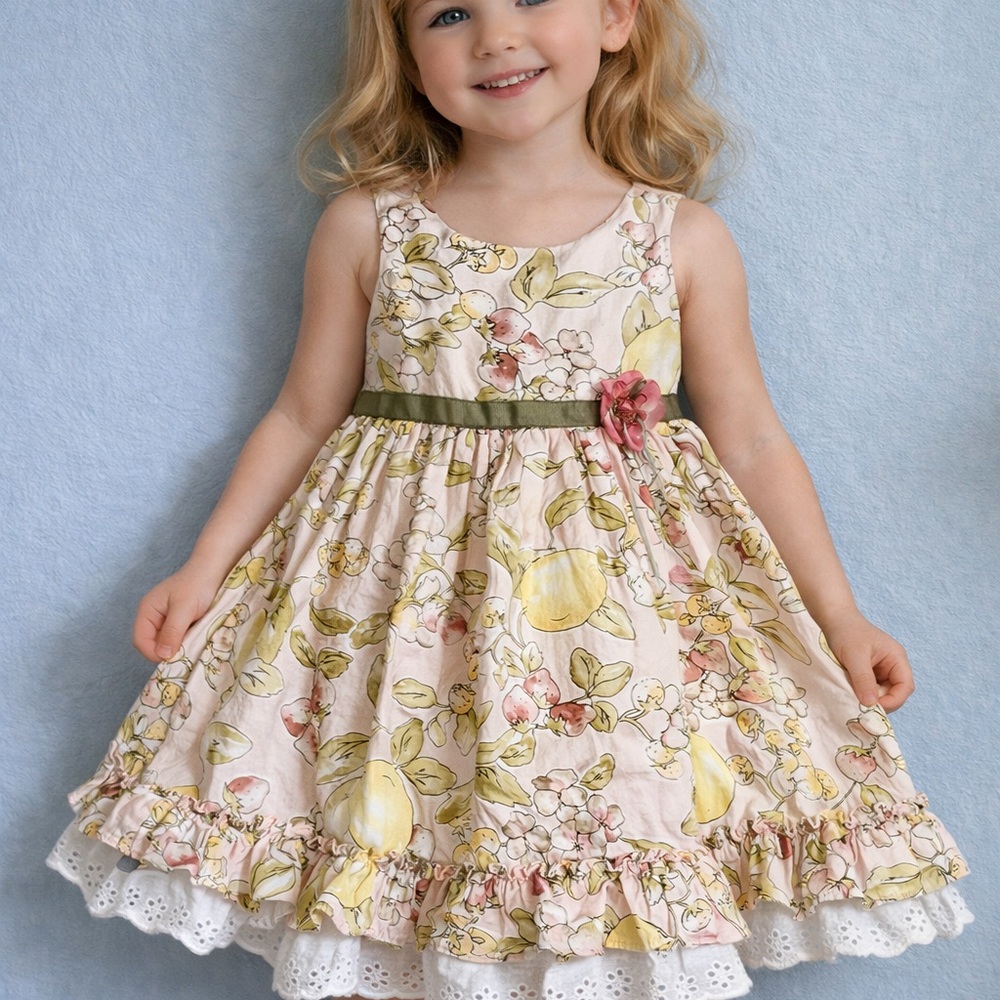 Pippa & Julie Pink Floral Lemon Print Sundress with Olive Waistband